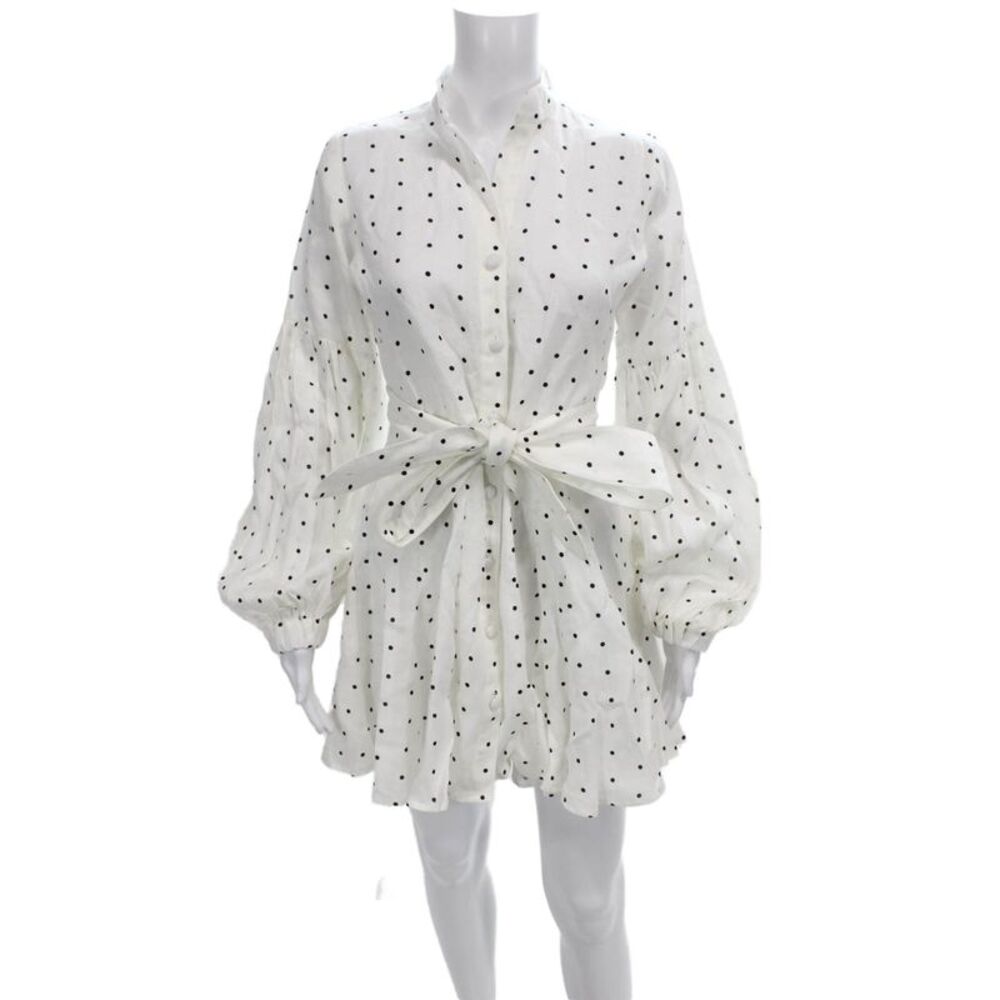 Chic Le Frique Women White Linen Polka Dot Shirt Dress Long Sleeve Size S